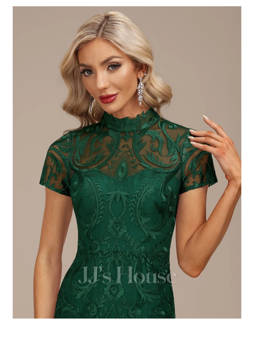 JJ's House Dark Green High-Neck Lace Midi Dress